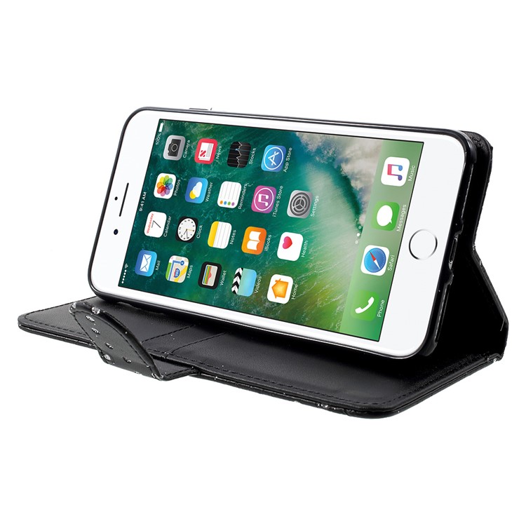 For iPhone 7 Plus Flower Leaf Glitter Powder Leather Case Card Holder - Black-3