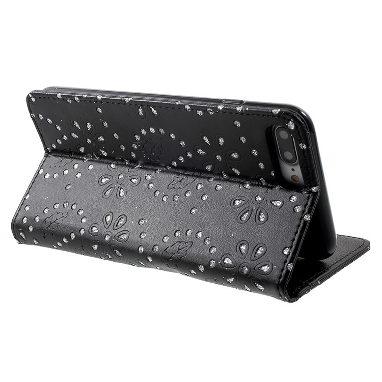 For iPhone 7 Plus Flower Leaf Glitter Powder Leather Case Card Holder - Black-4