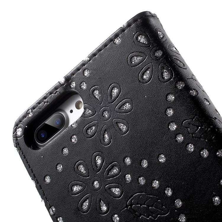 For iPhone 7 Plus Flower Leaf Glitter Powder Leather Case Card Holder - Black-7
