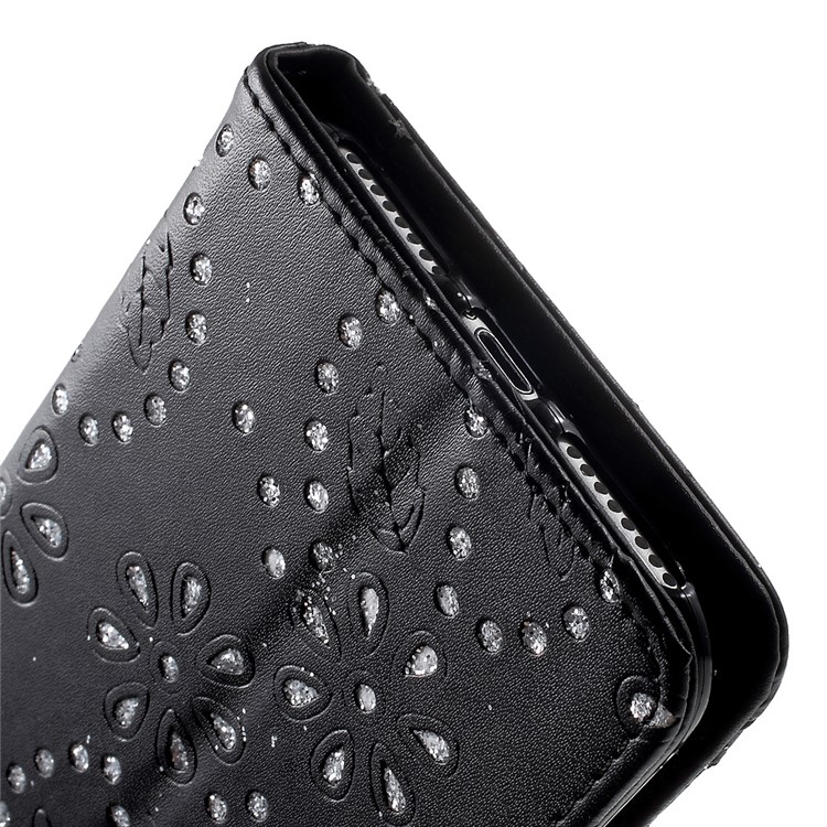For iPhone 7 Plus Flower Leaf Glitter Powder Leather Case Card Holder - Black-9