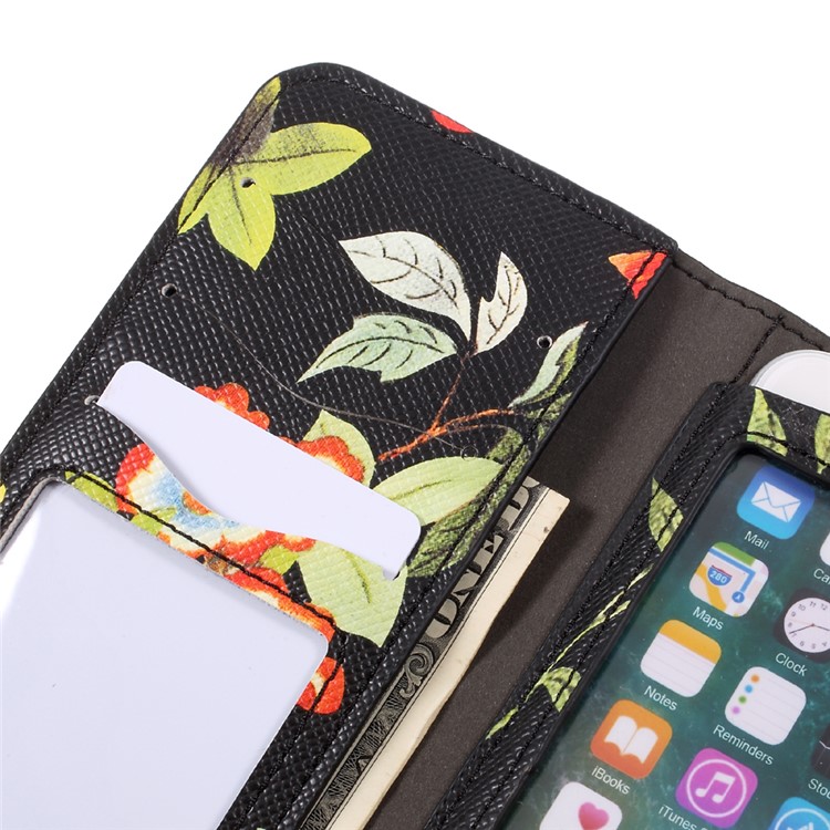 Pattern Printing Wallet Leather Pouch for iPhone 7 / 6S / 6 4.7 inch - Black / Flowers and Birds-6