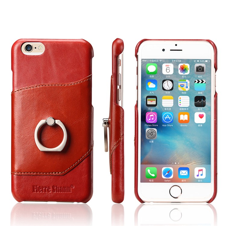 FIERRE SHANN Cowhide Leather Phone Case for iPhone 6s Plus / 6 Plus with Finger Ring Kickstand - Red-1