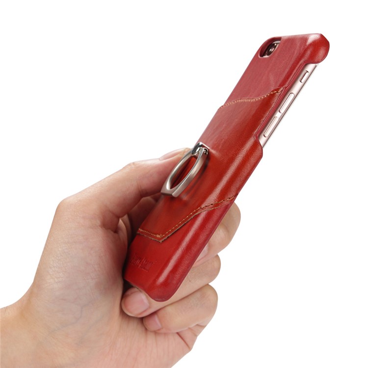 FIERRE SHANN Cowhide Leather Phone Case for iPhone 6s Plus / 6 Plus with Finger Ring Kickstand - Red-2