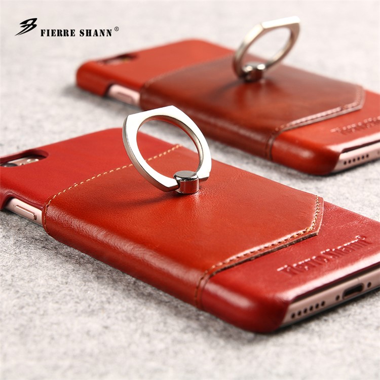 FIERRE SHANN Cowhide Leather Phone Case for iPhone 6s Plus / 6 Plus with Finger Ring Kickstand - Red-4