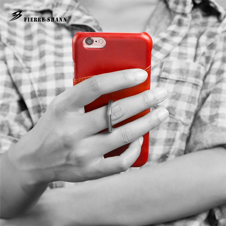 FIERRE SHANN Cowhide Leather Phone Case for iPhone 6s Plus / 6 Plus with Finger Ring Kickstand - Red-5
