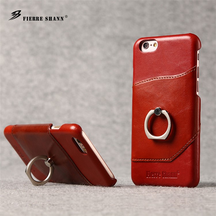 FIERRE SHANN Cowhide Leather Phone Case for iPhone 6s Plus / 6 Plus with Finger Ring Kickstand - Red-6