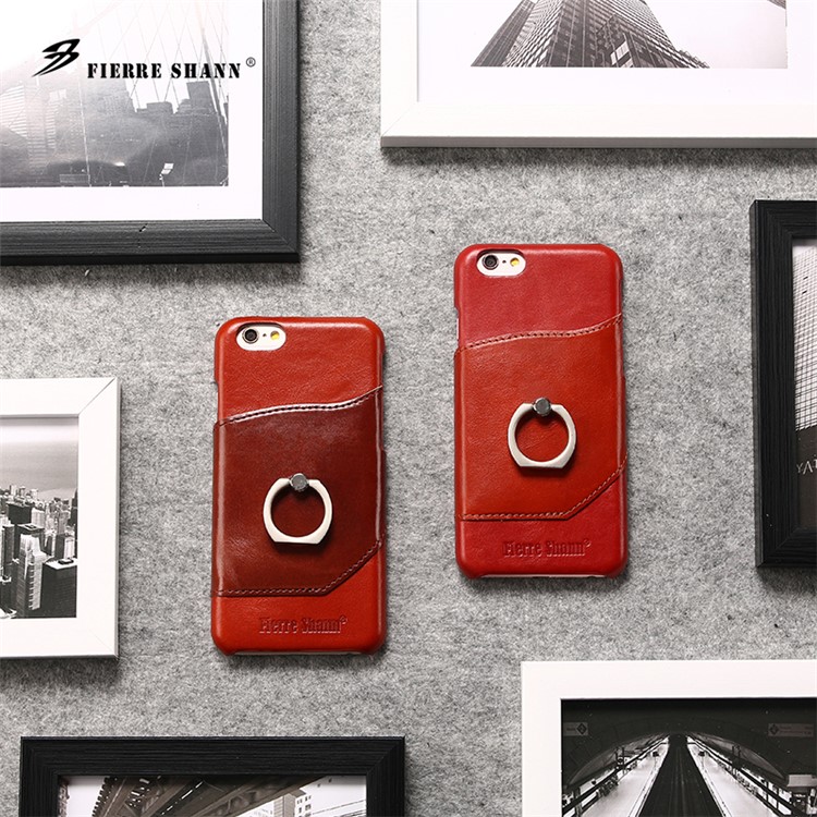 FIERRE SHANN Cowhide Leather Phone Case for iPhone 6s Plus / 6 Plus with Finger Ring Kickstand - Red-7