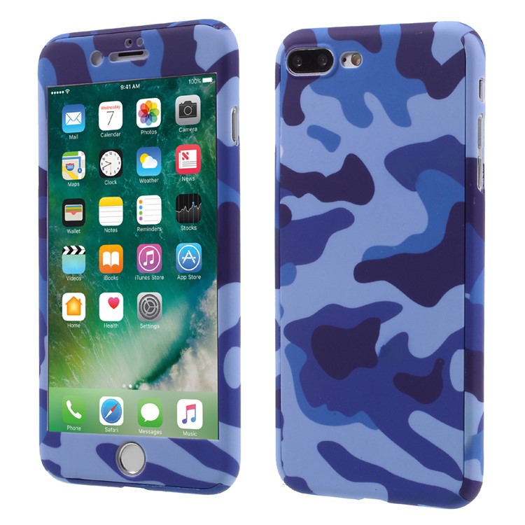 2-in-1 Full Protection Hard Phone Case for iPhone 7 Plus + Tempered Glass Screen Protector - Blue Camouflage-1