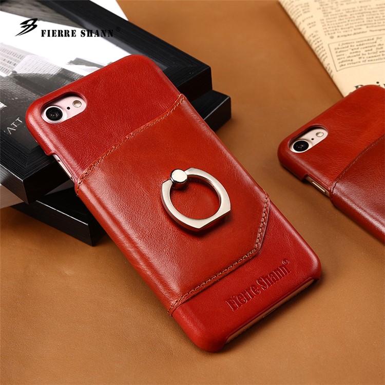 FIERRE SHANN for iPhone 7 4.7 Cowhide Leather Coated Hard Back Case with Ring Holder - Red-3