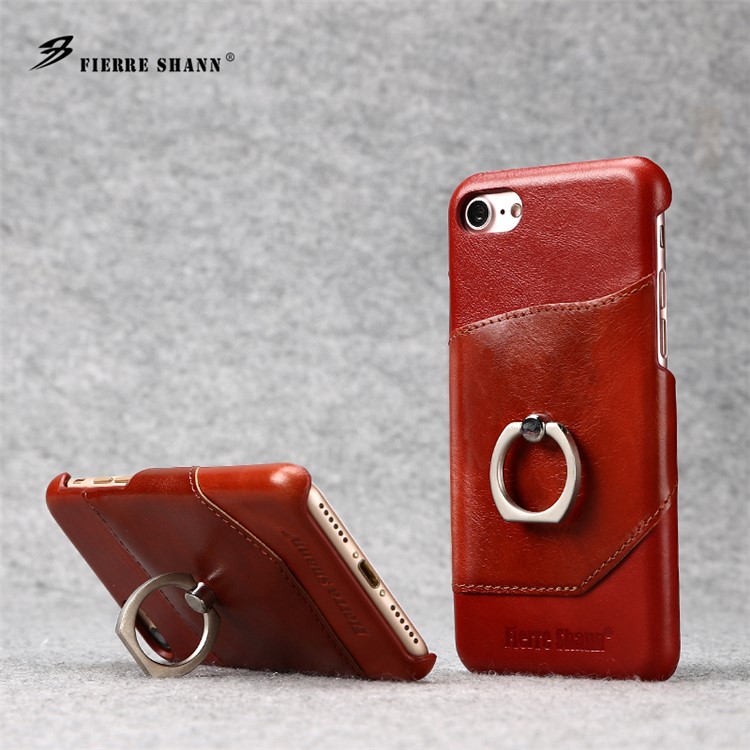 FIERRE SHANN for iPhone 7 4.7 Cowhide Leather Coated Hard Back Case with Ring Holder - Red-6