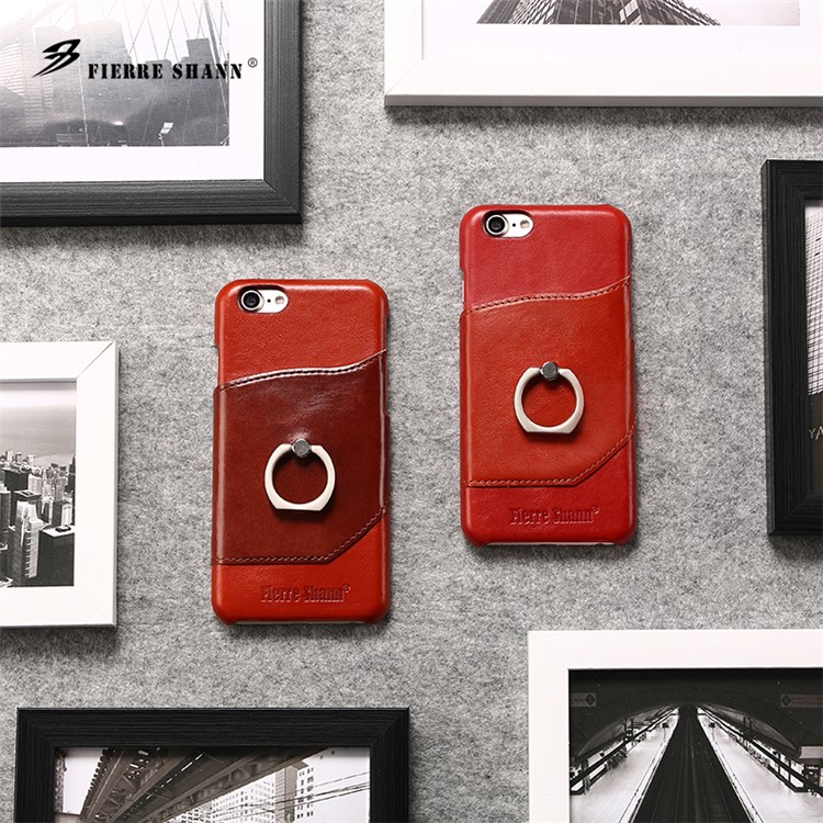 FIERRE SHANN for iPhone 7 4.7 Cowhide Leather Coated Hard Back Case with Ring Holder - Red-7