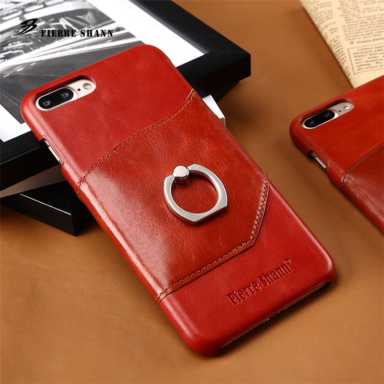 FIERRE SHANN for iPhone 7 Plus Cowhide Genuine Leather Skin Hard Case with Ring Holder - Red-1