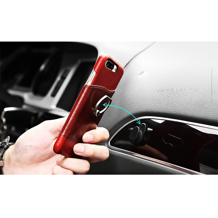 FIERRE SHANN for iPhone 7 Plus Cowhide Genuine Leather Skin Hard Case with Ring Holder - Red-10