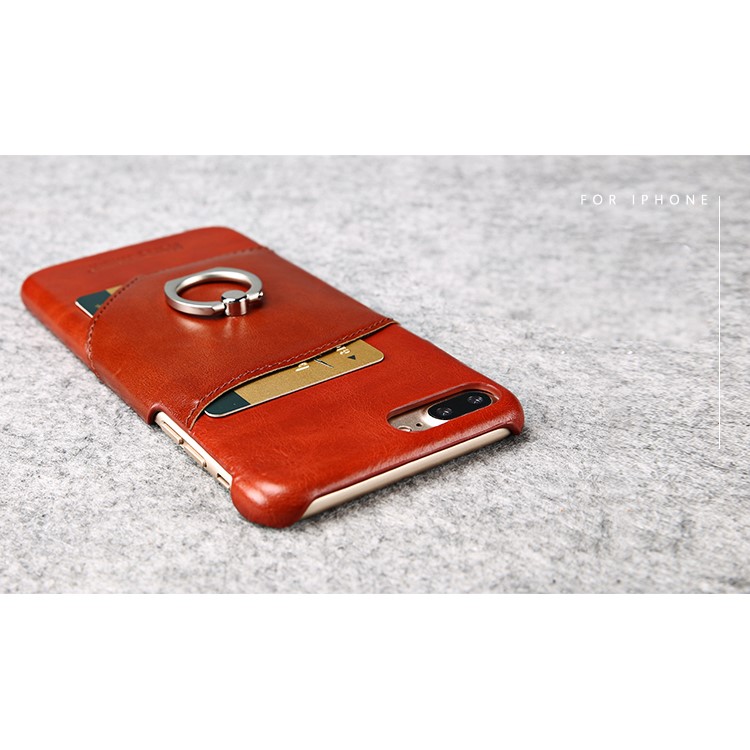 FIERRE SHANN for iPhone 7 Plus Cowhide Genuine Leather Skin Hard Case with Ring Holder - Red-11