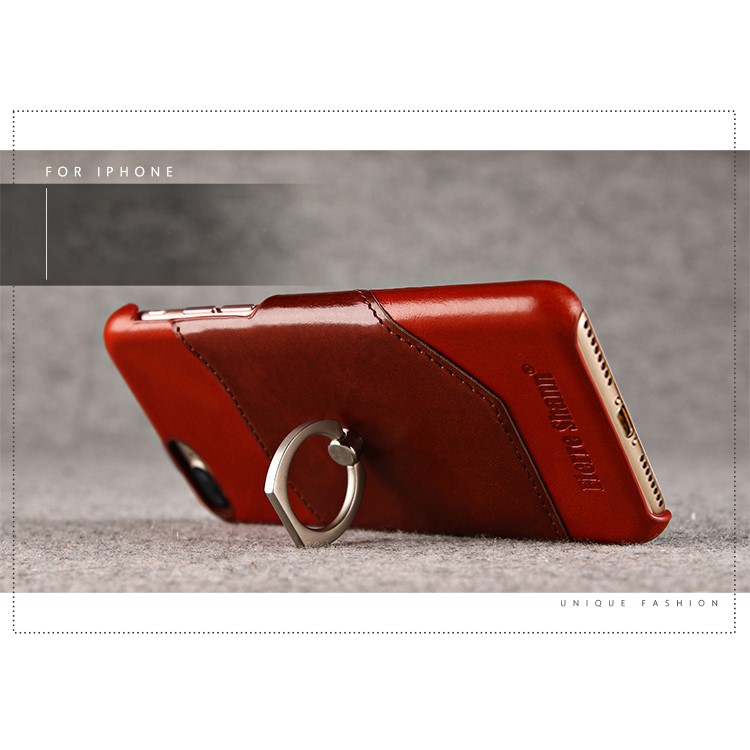 FIERRE SHANN for iPhone 7 Plus Cowhide Genuine Leather Skin Hard Case with Ring Holder - Red-12