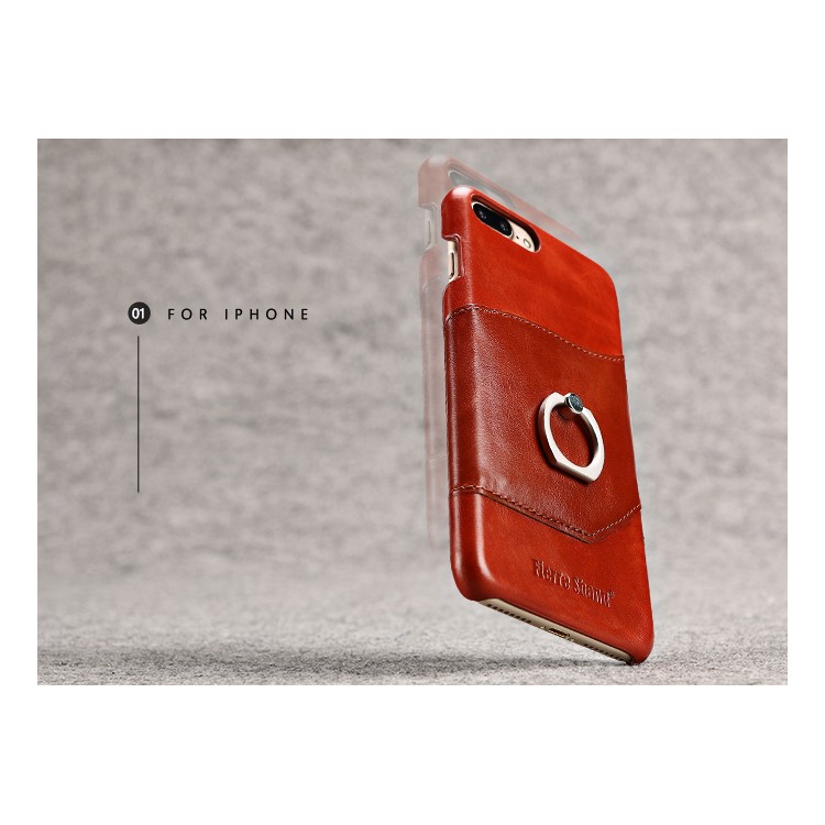 FIERRE SHANN for iPhone 7 Plus Cowhide Genuine Leather Skin Hard Case with Ring Holder - Red-14