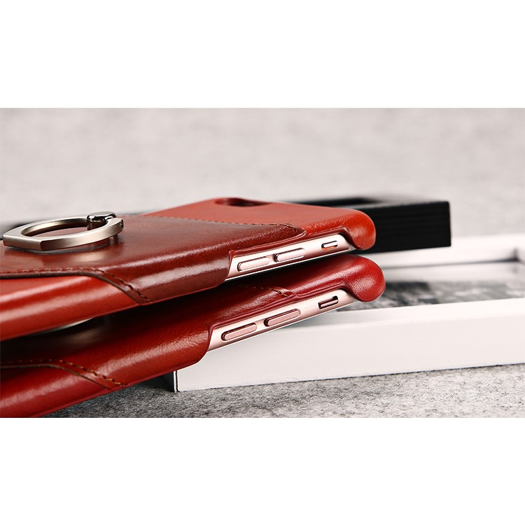 FIERRE SHANN for iPhone 7 Plus Cowhide Genuine Leather Skin Hard Case with Ring Holder - Red-15