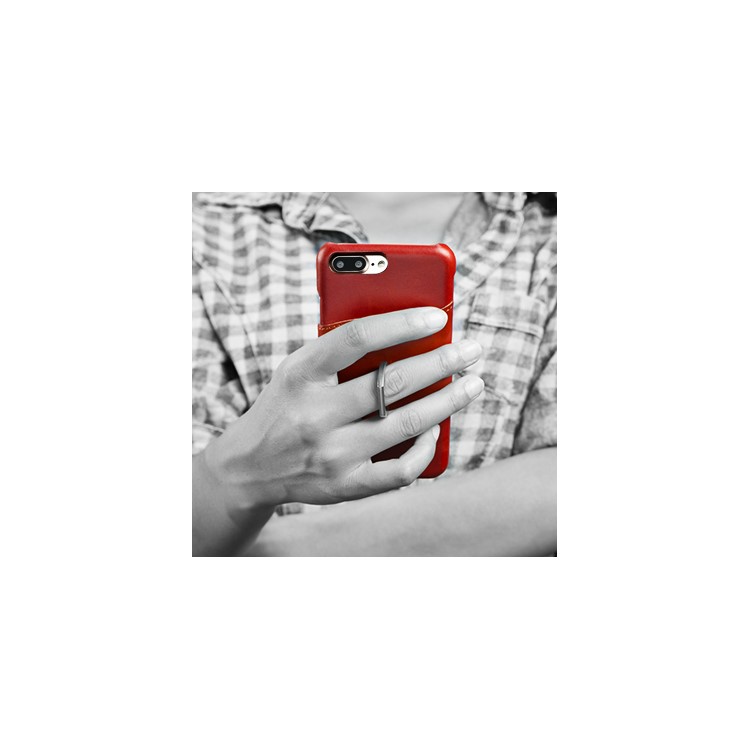 FIERRE SHANN for iPhone 7 Plus Cowhide Genuine Leather Skin Hard Case with Ring Holder - Red-16
