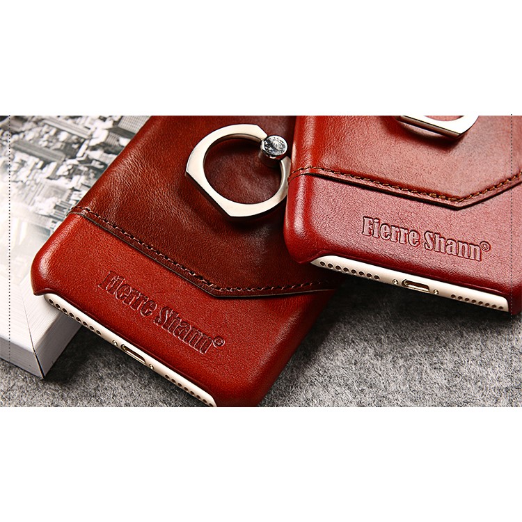 FIERRE SHANN for iPhone 7 Plus Cowhide Genuine Leather Skin Hard Case with Ring Holder - Red-17