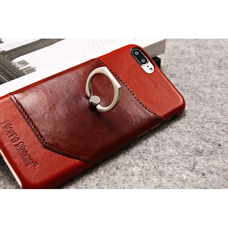 FIERRE SHANN for iPhone 7 Plus Cowhide Genuine Leather Skin Hard Case with Ring Holder - Red-19