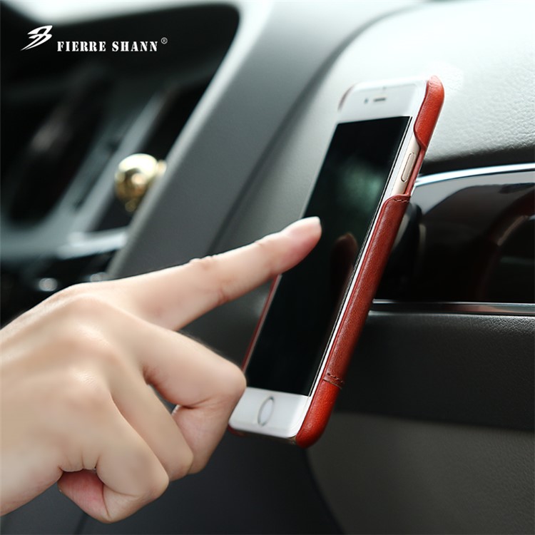 FIERRE SHANN for iPhone 7 Plus Cowhide Genuine Leather Skin Hard Case with Ring Holder - Red-2