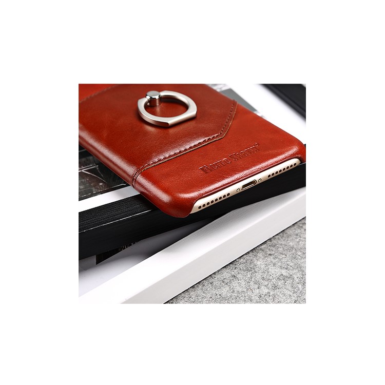 FIERRE SHANN for iPhone 7 Plus Cowhide Genuine Leather Skin Hard Case with Ring Holder - Red-23
