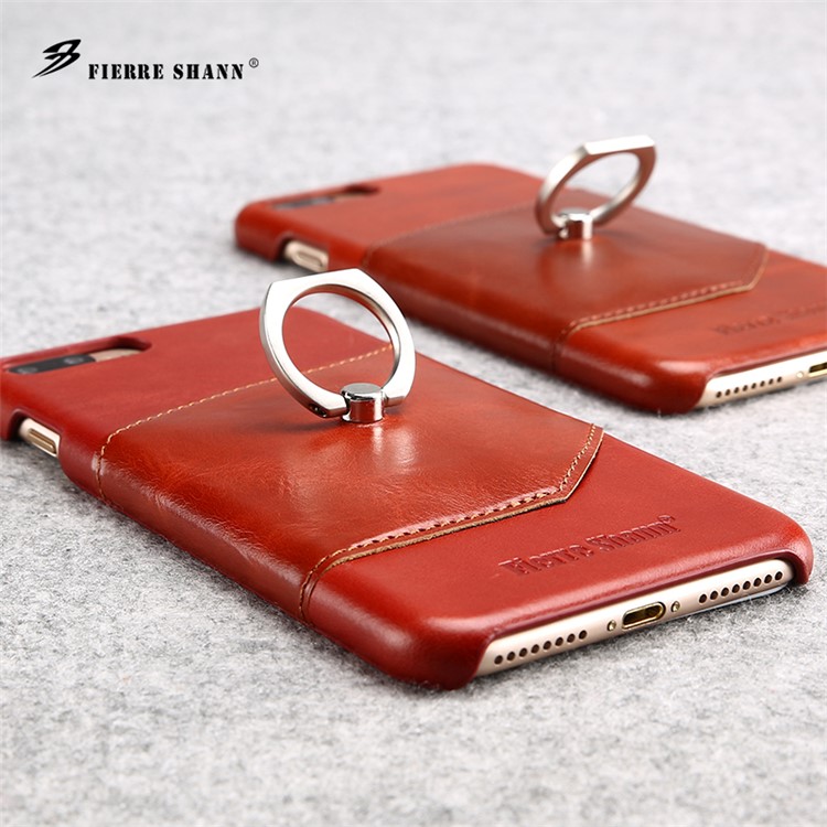 FIERRE SHANN for iPhone 7 Plus Cowhide Genuine Leather Skin Hard Case with Ring Holder - Red-3