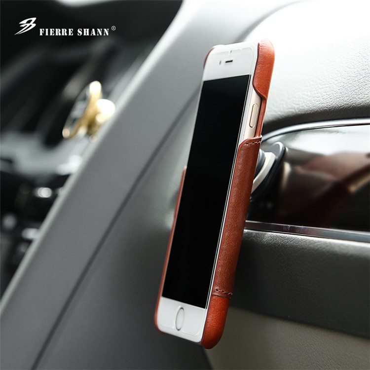 FIERRE SHANN for iPhone 7 Plus Cowhide Genuine Leather Skin Hard Case with Ring Holder - Red-4