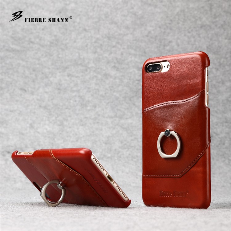 FIERRE SHANN for iPhone 7 Plus Cowhide Genuine Leather Skin Hard Case with Ring Holder - Red-5