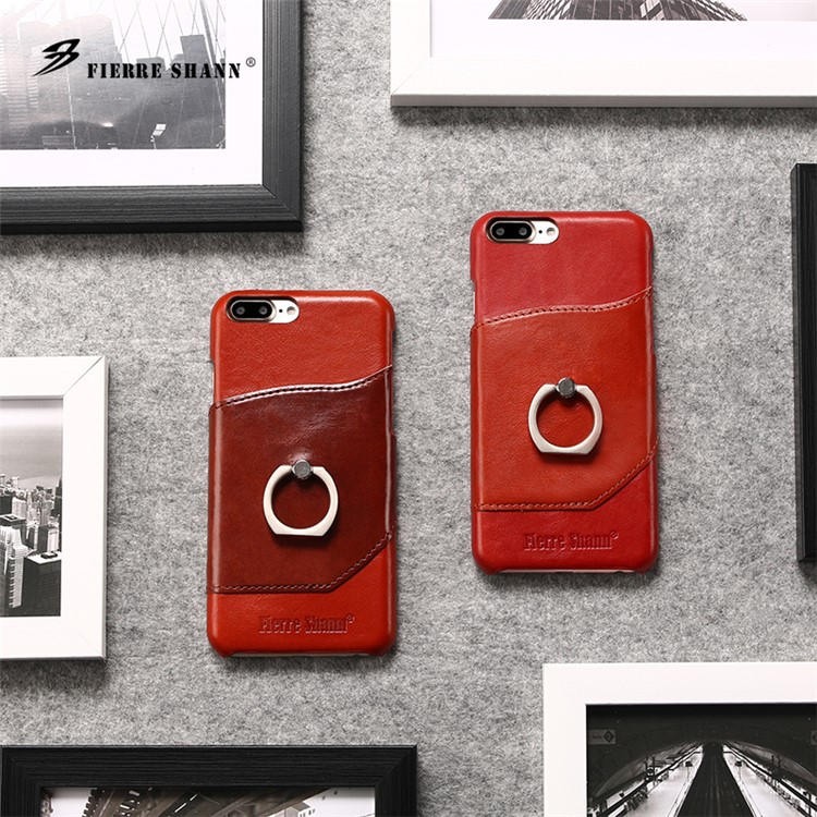 FIERRE SHANN for iPhone 7 Plus Cowhide Genuine Leather Skin Hard Case with Ring Holder - Red-6