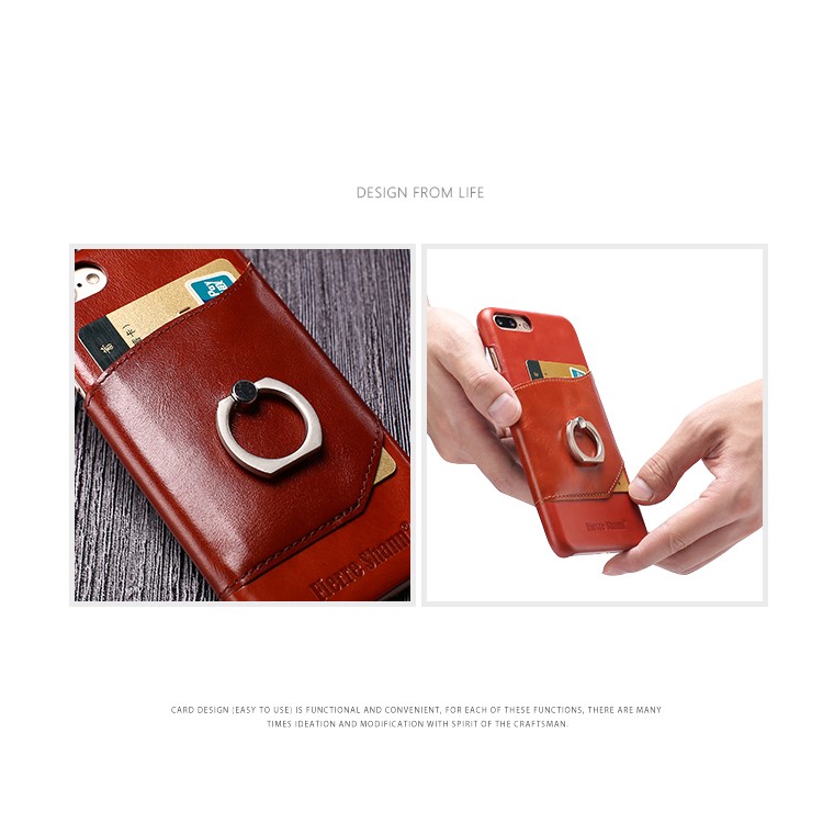 FIERRE SHANN for iPhone 7 Plus Cowhide Genuine Leather Skin Hard Case with Ring Holder - Red-7