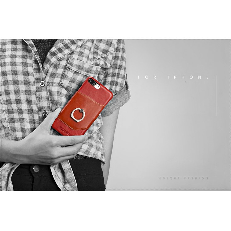 FIERRE SHANN for iPhone 7 Plus Cowhide Genuine Leather Skin Hard Case with Ring Holder - Red-8