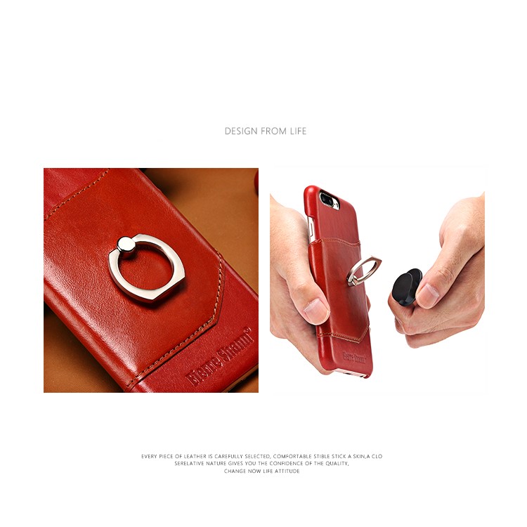 FIERRE SHANN for iPhone 7 Plus Cowhide Genuine Leather Skin Hard Case with Ring Holder - Red-9