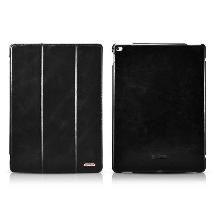 ICARER Vintage Tri-fold Genuine Leather Stand Case for iPad Pro 12.9 Inch - Black-1