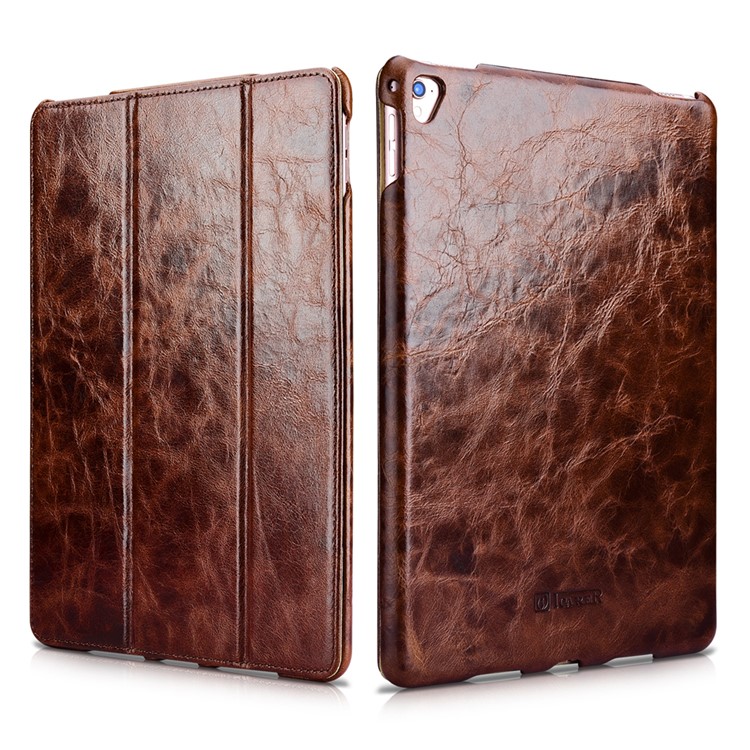 ICARER Tri-fold Auto-absorbed Oil Wax Genuine Leather Stand Case for iPad Pro 9.7 inch - Coffee-1