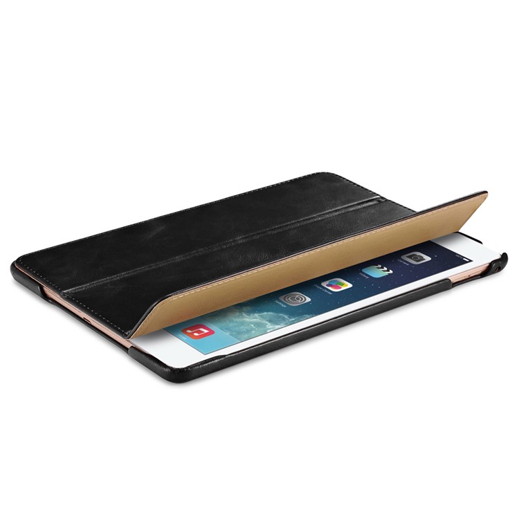ICARER for iPad Air 2 Vintage Tri-fold Stand Genuine Leather Shell - Black-6