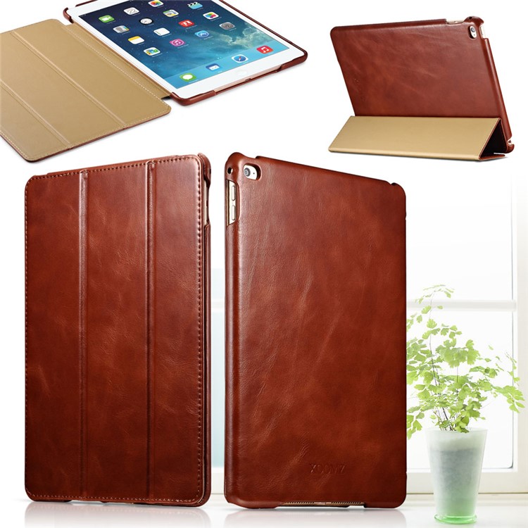 

ICARER for iPad Air 2 Vintage Genuine Leather Case with Tri-fold Stand - Brown, iPad Air 2