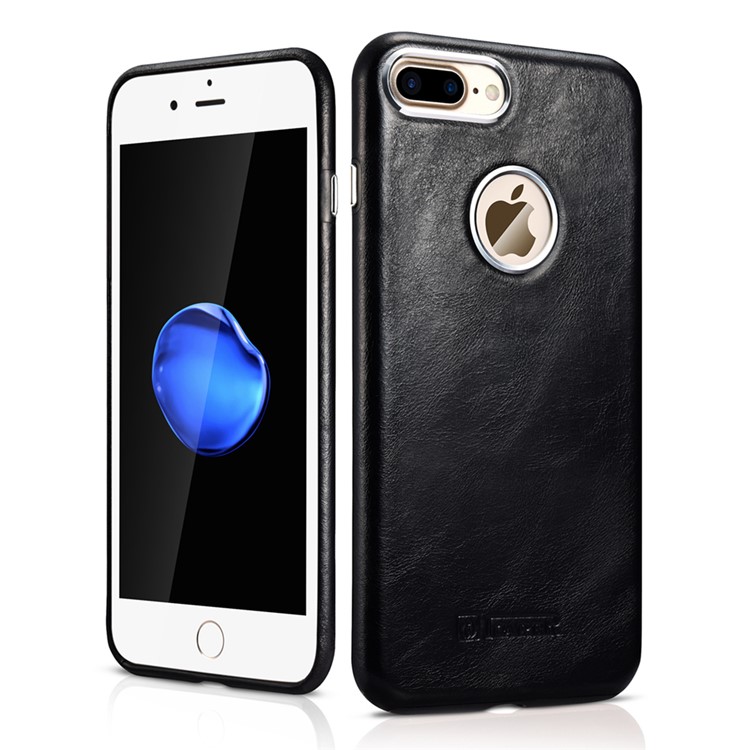 ICARER for iPhone 7 Plus Retro Genuine Leather Coated Hard Phone Case - Black-1