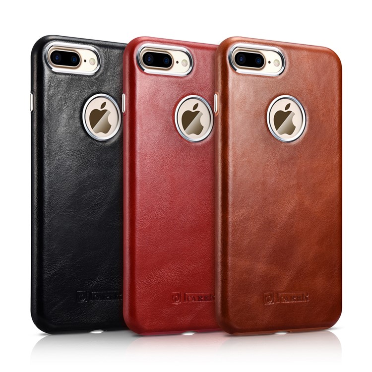 ICARER for iPhone 7 Plus Retro Genuine Leather Coated Hard Phone Case - Black-3
