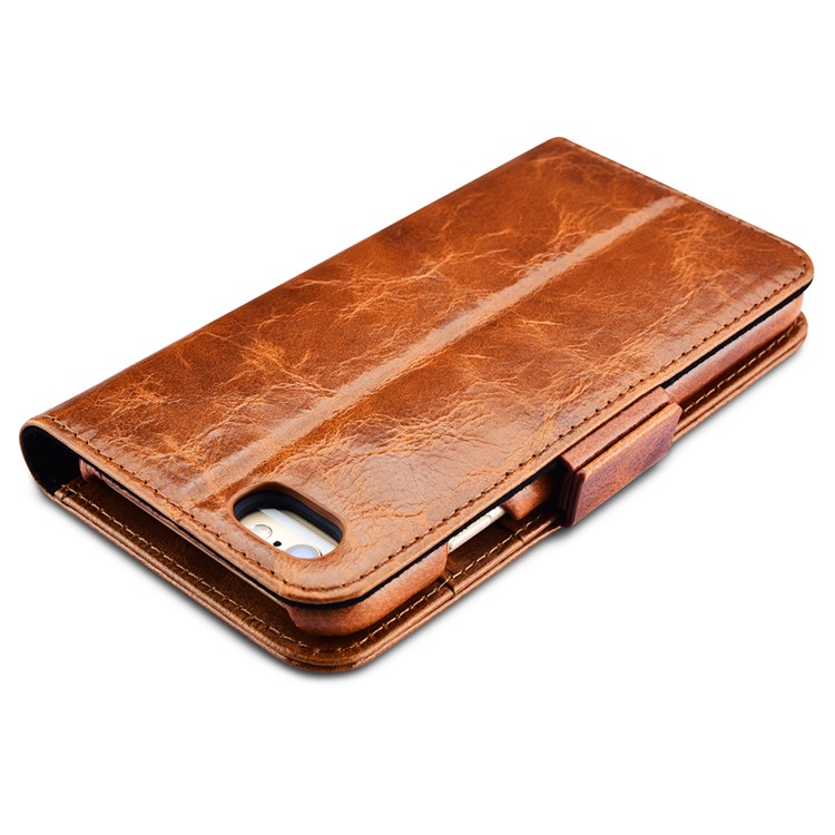 ICARER 2-in-1 Movable Inner PC + Oil Wax Genuine Leather Wallet Case for iPhone 6s Plus / 6 Plus - Brown-12