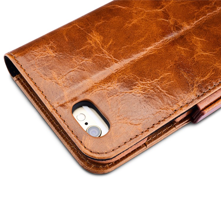 ICARER 2-in-1 Movable Inner PC + Oil Wax Genuine Leather Wallet Case for iPhone 6s Plus / 6 Plus - Brown-13