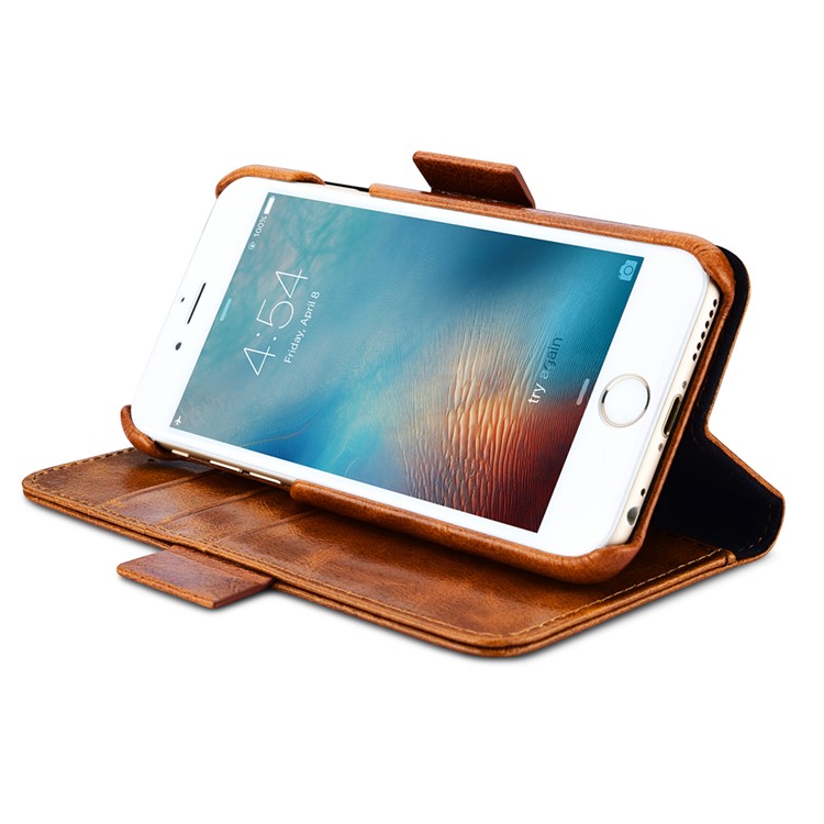ICARER 2-in-1 Movable Inner PC + Oil Wax Genuine Leather Wallet Case for iPhone 6s Plus / 6 Plus - Brown-7