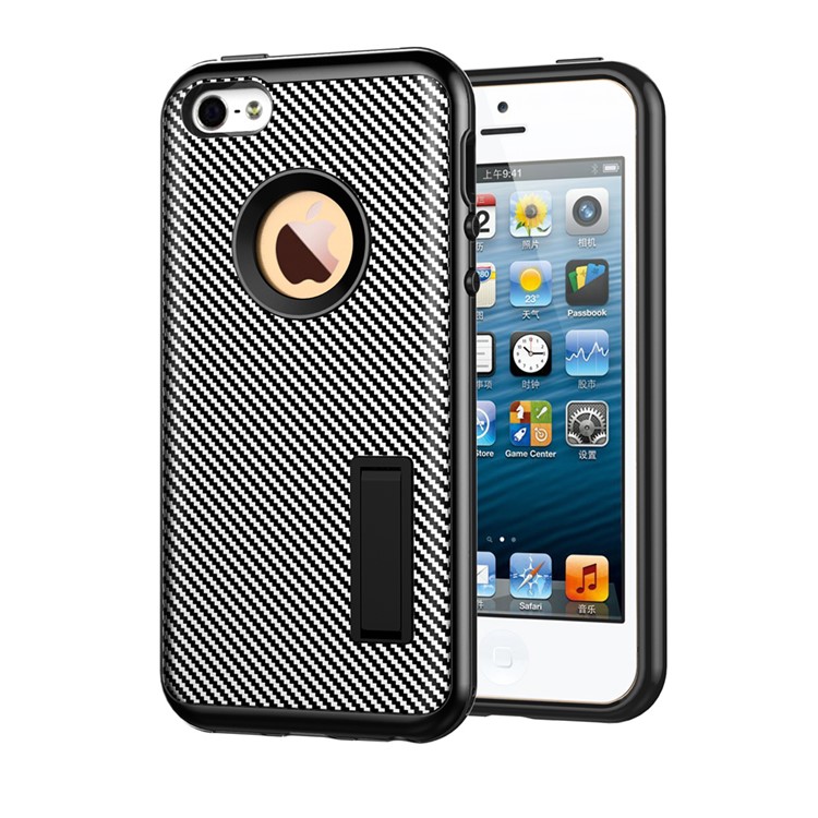 Carbon Fiber Texture PC + TPU Kickstand Case for iPhone SE/5s/5 - Black-1