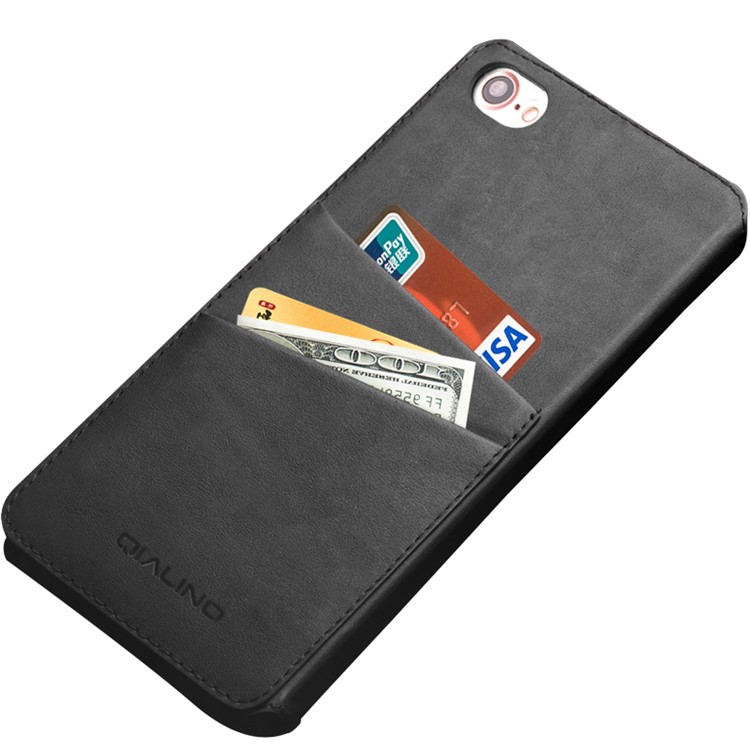 QIALINO for iPhone 7 Classical Flip Card Holder Cowhide Leather Case - Black-4