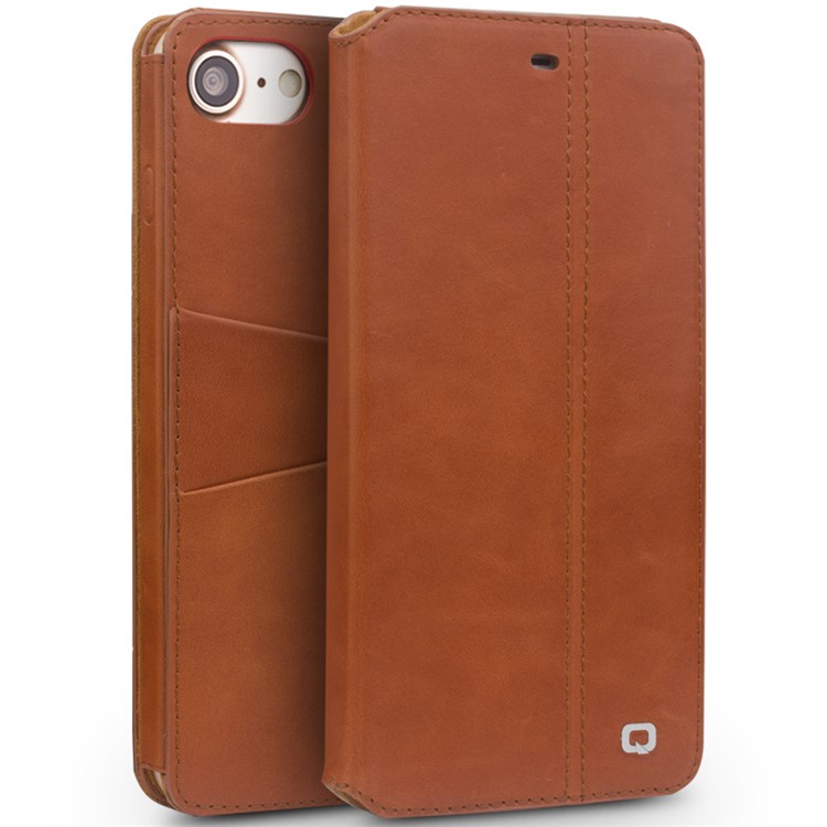 QIALINO para iphone 8 / 7 4.7 Suporte De Cartão Clássico Flip Couro De Vaca Shell Protetor Móvel - Castanho-1