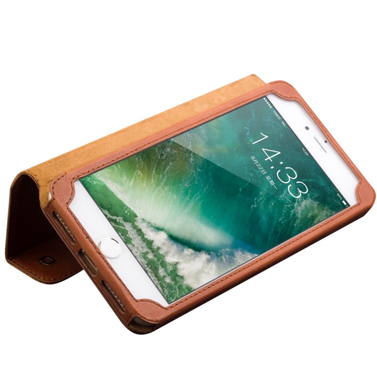 QIALINO para iphone 8 / 7 4.7 Suporte De Cartão Clássico Flip Couro De Vaca Shell Protetor Móvel - Castanho-4