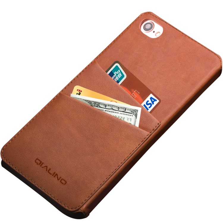 QIALINO para iphone 8 / 7 4.7 Suporte De Cartão Clássico Flip Couro De Vaca Shell Protetor Móvel - Castanho-6