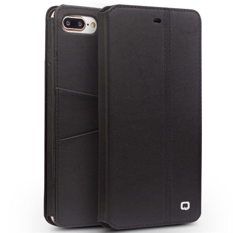 QIALINO for iPhone 7 Plus Classical Flip Cowhide Leather Stand Case with Card Slots - Black-1