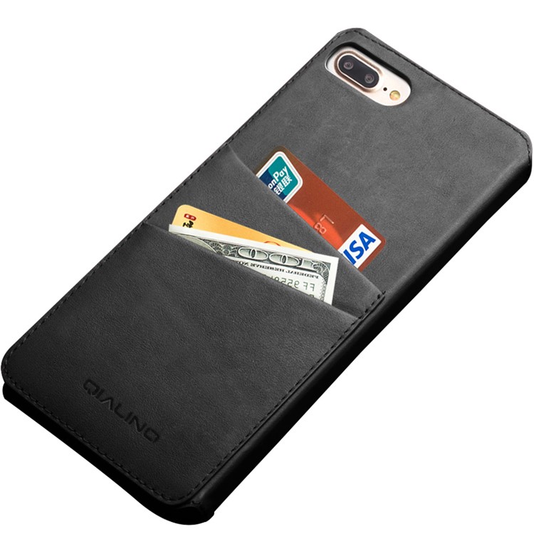 QIALINO for iPhone 7 Plus Classical Flip Cowhide Leather Stand Case with Card Slots - Black-4