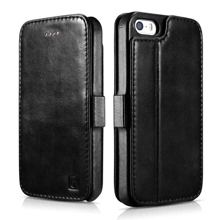 ICARER Vintage Card Holder Genuine Leather Flip Case for iPhone SE/5s/5 - Black-1